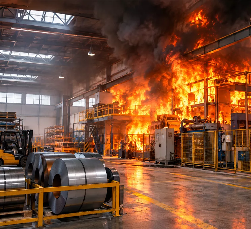 Bodega industrial con incendio activo junto a rollos de acero almacenados