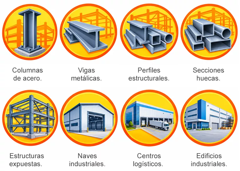 Columnas de acero, vigas metálicas, perfiles estructurales, secciones huecas, estructuras expuestas, naves industriales, centros logísticos, edificios industriales