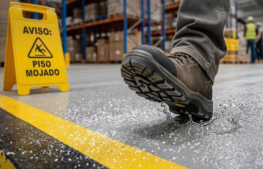 Señal amarilla de aviso de piso mojado junto a una bota de seguridad pisando un piso industrial húmedo