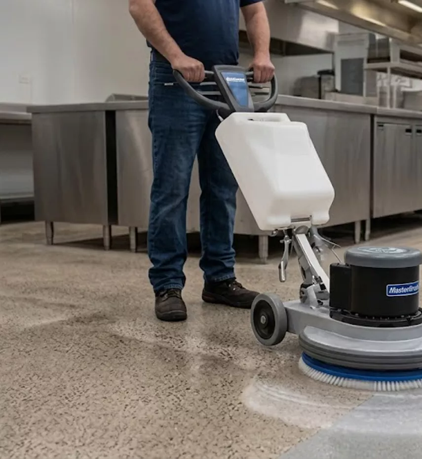 Trabajador utilizando una fregadora industrial para dar mantenimiento a un piso de concreto en una cocina comercial