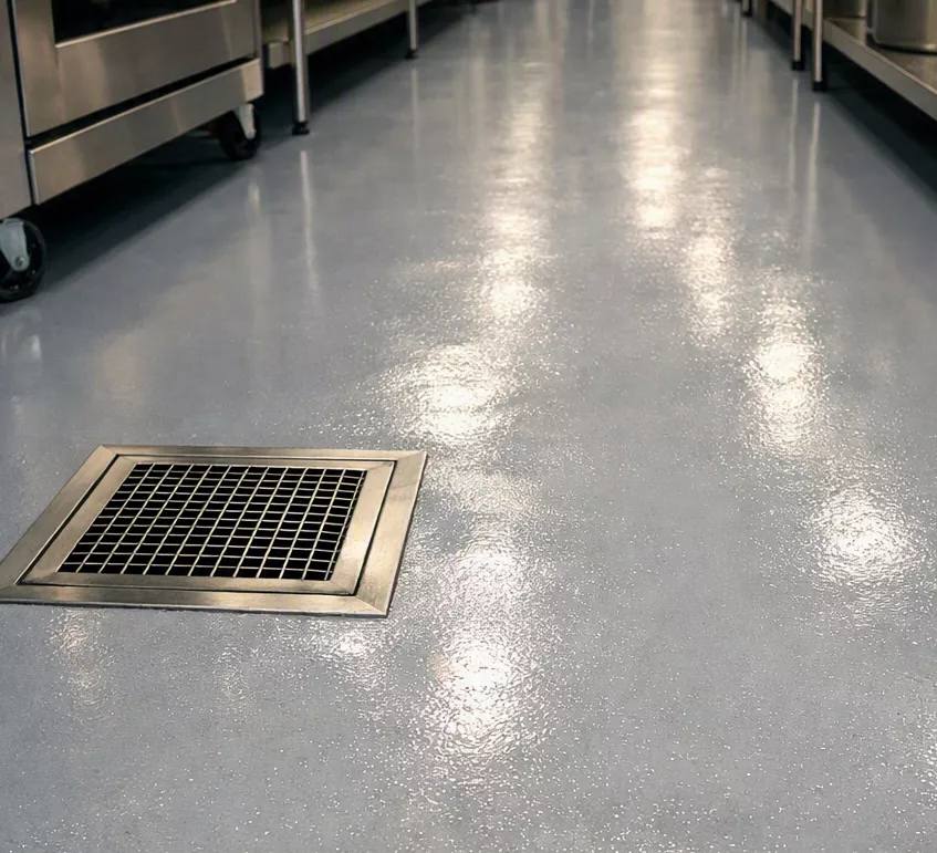 Piso de concreto con recubrimiento antideslizante brillante en un pasillo industrial, con una rejilla de drenaje metálica