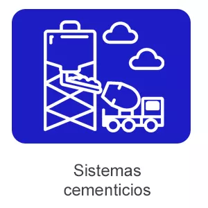 Ícono de una mezcladora de concreto y un silo de cemento sobre fondo azul marino. Sistemas cementicios